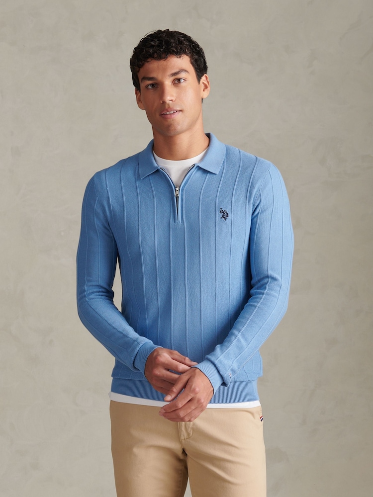 U.S. Polo Assn Sky Blue Long Sleeve Zip Knit Polo Shirt - Image 1 of 8 U.S. Polo Assn Sky Blue Long Sleeve Zip Knit Polo Shirt - Image 1 of 8
