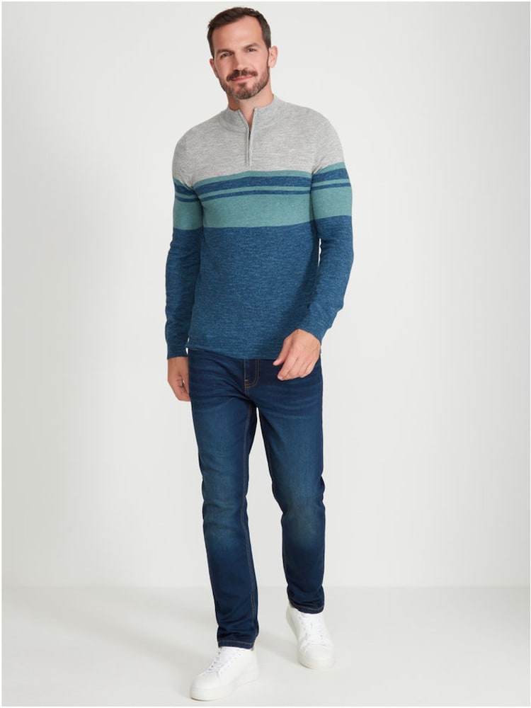 M&Co Blue Half Zip Fine Stripe Knit Jumper - Image 1 of 4 M&Co Blue Half Zip Fine Stripe Knit Jumper - Image 1 of 4