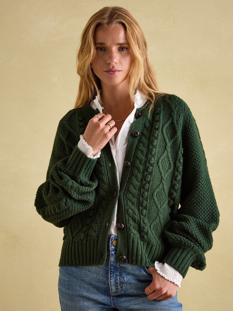 Joules Rafferty Green Cable Knit Cardigan - Image 1 of 7