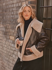 Yours Curve Brown Centre Front Aviator Coat - Image 1 of 5