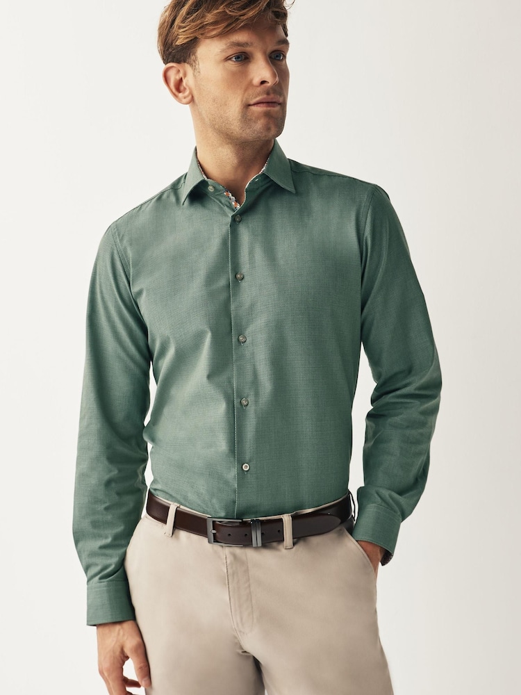 Dark Green Regular Fit Textured Trimmed Single Cuff Shirt - Image 1 of 8 Dark Green Regular Fit Textured Trimmed Single Cuff Shirt - Image 1 of 8