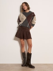 Apricot Brown Suede Pleated Mini Skirt - Image 1 of 4