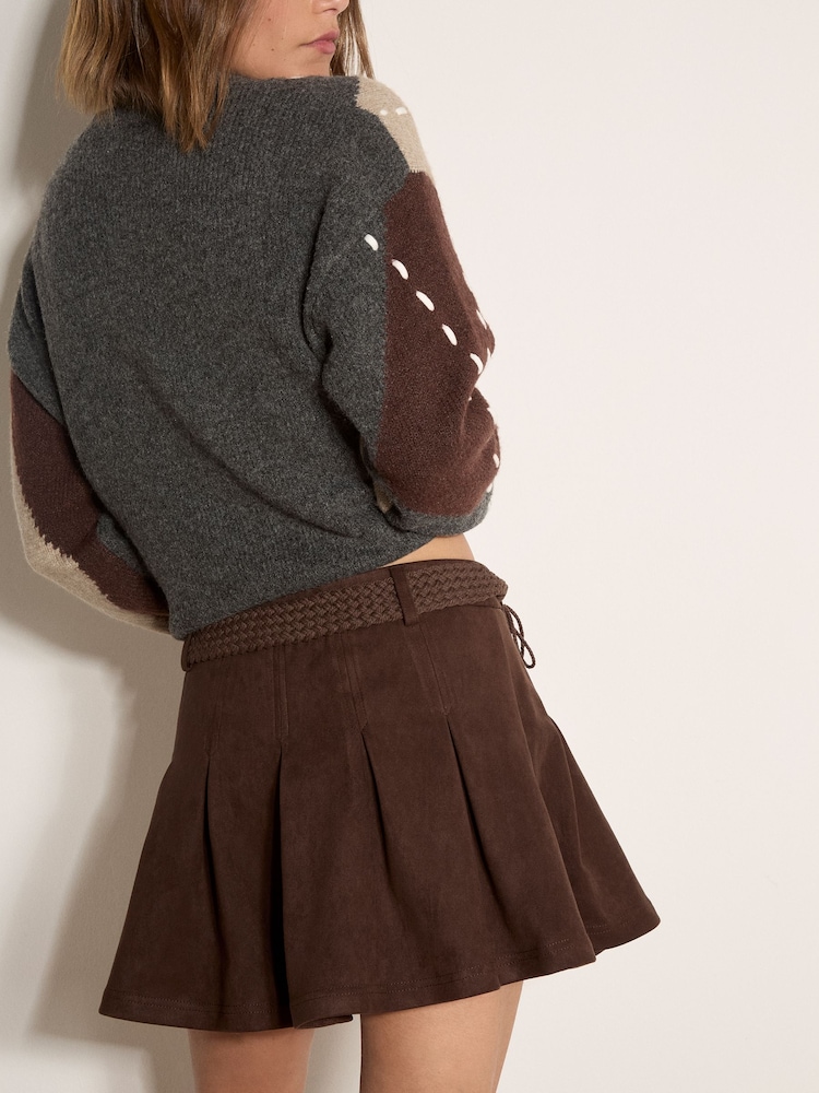 Apricot Brown Suede Pleated Mini Skirt - Image 2 of 4 Apricot Brown Suede Pleated Mini Skirt - Image 2 of 4