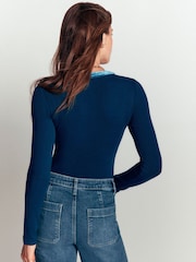 Boden Blue Velvet Trimmed V-Neck Top - Image 3 of 5