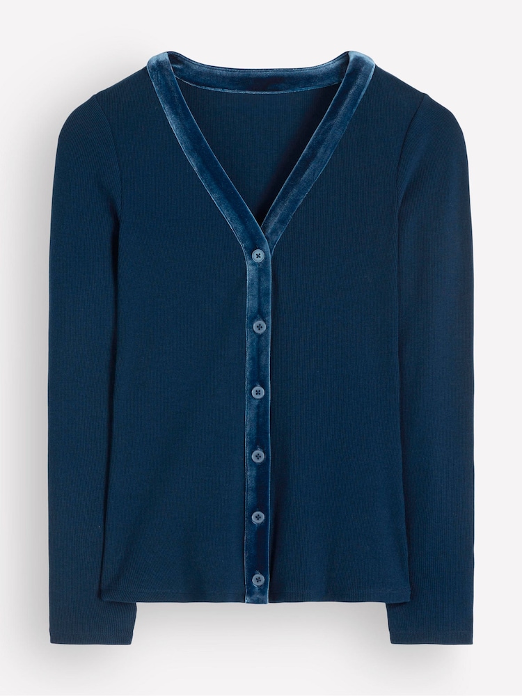 Boden Blue Velvet Trimmed V-Neck Top - Image 5 of 5