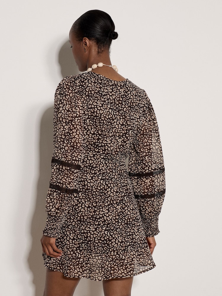 Apricot Brown Leopard Print Chiffon Wrap Mini Dress - Image 2 of 4 Apricot Brown Leopard Print Chiffon Wrap Mini Dress - Image 2 of 4