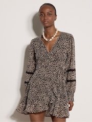Apricot Brown Leopard Print Chiffon Wrap Mini Dress - Image 3 of 4