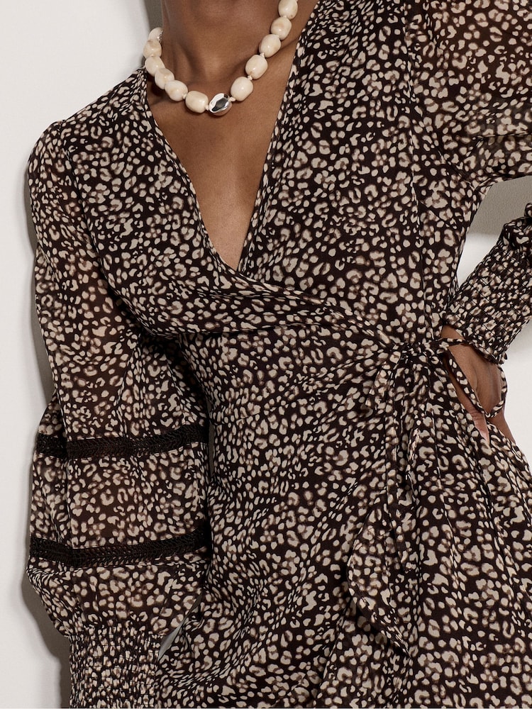 Apricot Brown Leopard Print Chiffon Wrap Mini Dress - Image 4 of 4 Apricot Brown Leopard Print Chiffon Wrap Mini Dress - Image 4 of 4