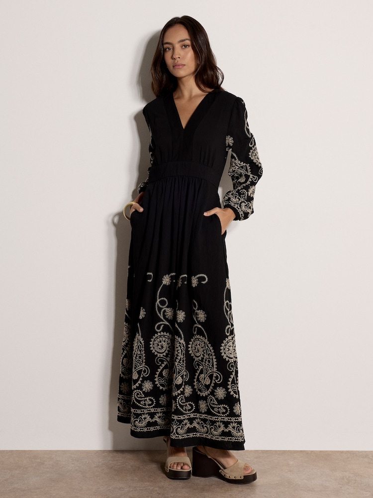Apricot Black Paisley Embroidered Maxi Dress - Image 1 of 4 Apricot Black Paisley Embroidered Maxi Dress - Image 1 of 4