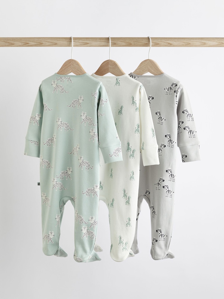 Green/Grey Baby Two Way Zip 100% Cotton Sleepsuits 3 Pack (0-2yrs) - Image 2 of 8 Green/Grey Baby Two Way Zip 100% Cotton Sleepsuits 3 Pack (0-2yrs) - Image 2 of 8