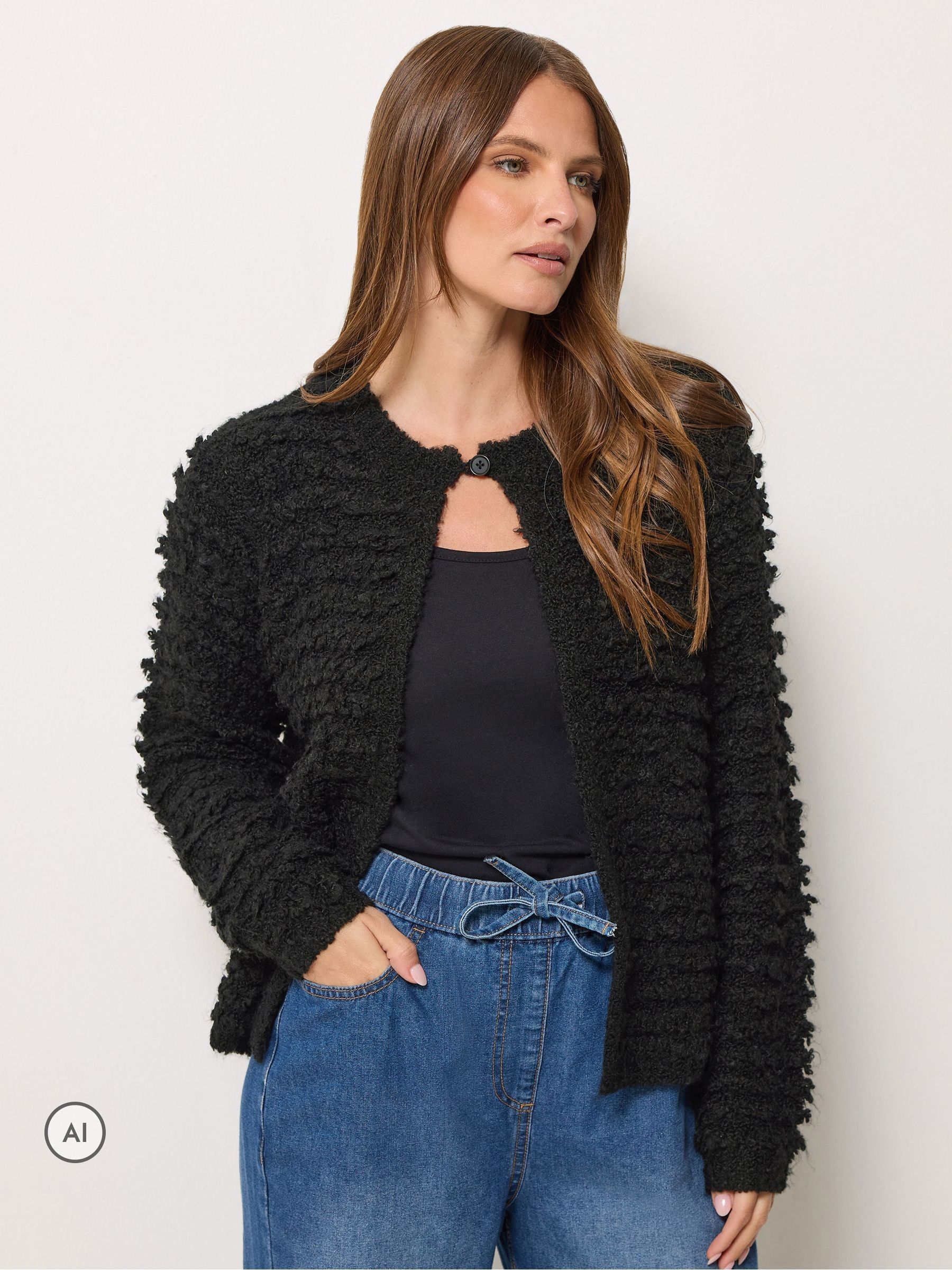 M&Co Women's Textured Single Button Cardigan Sweater in Black | Size: 18-20 - Image 3