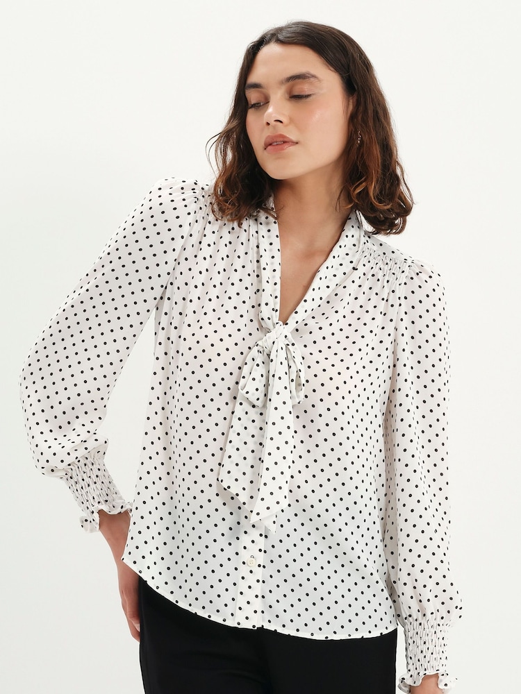 Finery White Mavis Polka Dot Print Pussybow Blouse - Image 2 of 5 Finery White Mavis Polka Dot Print Pussybow Blouse - Image 2 of 5