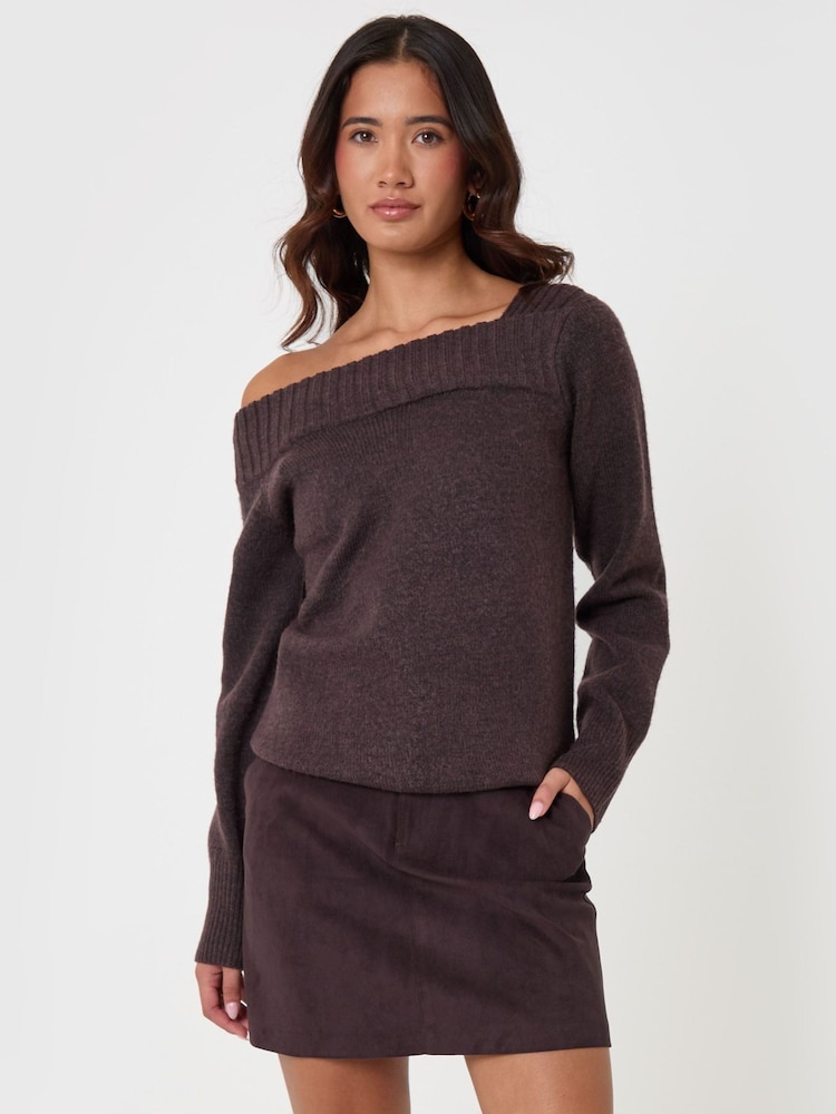 Threadbare Brown Asymmetric Slash Neck Jumper - Image 1 of 5