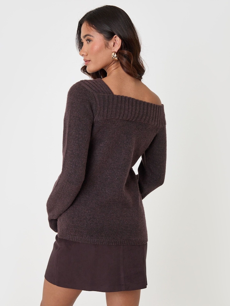 Threadbare Brown Asymmetric Slash Neck Jumper - Image 2 of 5