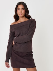 Threadbare Brown Asymmetric Slash Neck Jumper - Image 5 of 5