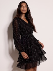 Apricot Black Diamante Embellished Chiffon Tiered Mini Dress - Image 1 of 4