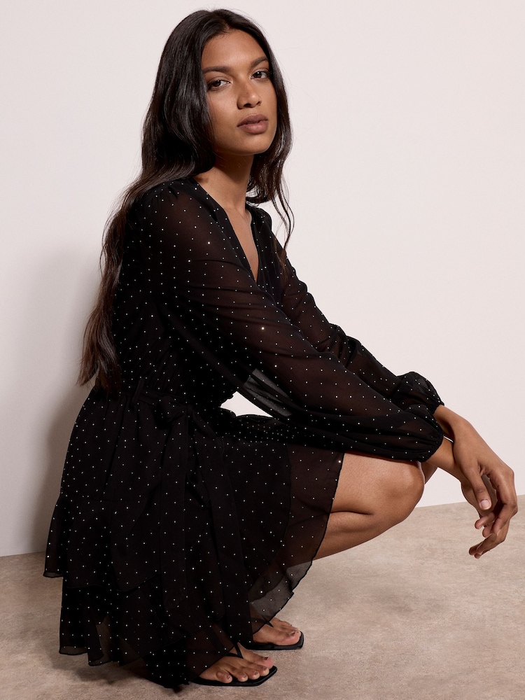 Apricot Black Diamante Embellished Chiffon Tiered Mini Dress - Image 2 of 4 Apricot Black Diamante Embellished Chiffon Tiered Mini Dress - Image 2 of 4