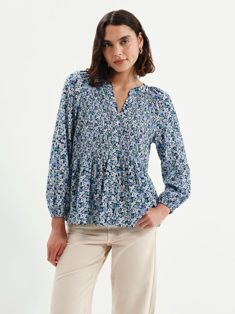 Finery Blue Flower Martha Shirred Blouse - Image 2 of 5 Finery Blue Flower Martha Shirred Blouse - Image 2 of 5