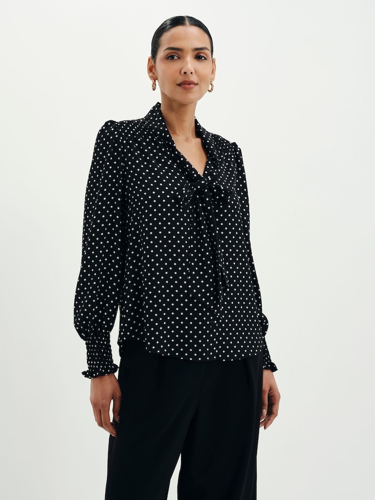 Finery Black Mavis Polka Dot Print Pussybow Blouse - Image 1 of 5 Finery Black Mavis Polka Dot Print Pussybow Blouse - Image 1 of 5