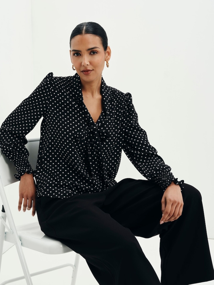 Finery Black Mavis Polka Dot Print Pussybow Blouse - Image 2 of 5 Finery Black Mavis Polka Dot Print Pussybow Blouse - Image 2 of 5