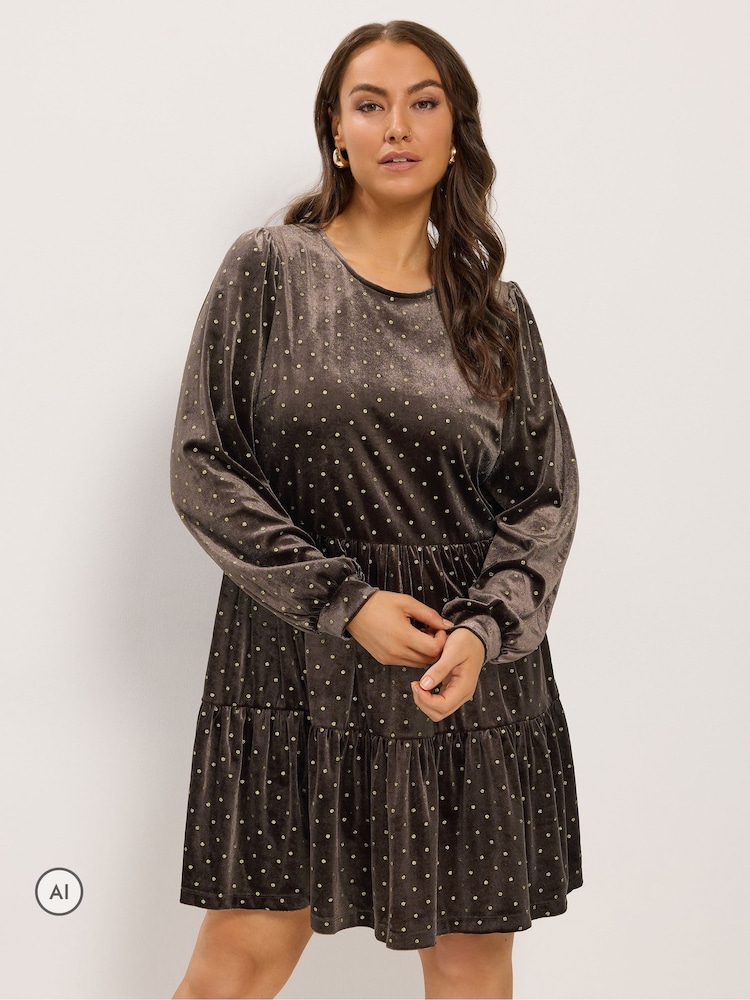 Yours Curve Brown Polka Dot Balloon Sleeve Dress - Image 1 of 6 Yours Curve Brown Polka Dot Balloon Sleeve Dress - Image 1 of 6