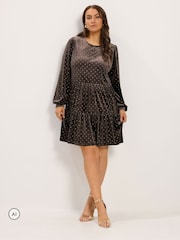 Yours Curve Brown Polka Dot Balloon Sleeve Dress - Image 2 of 6