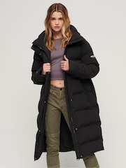 Superdry Black Hooded Longline Puffer Jacket - Image 1 of 6