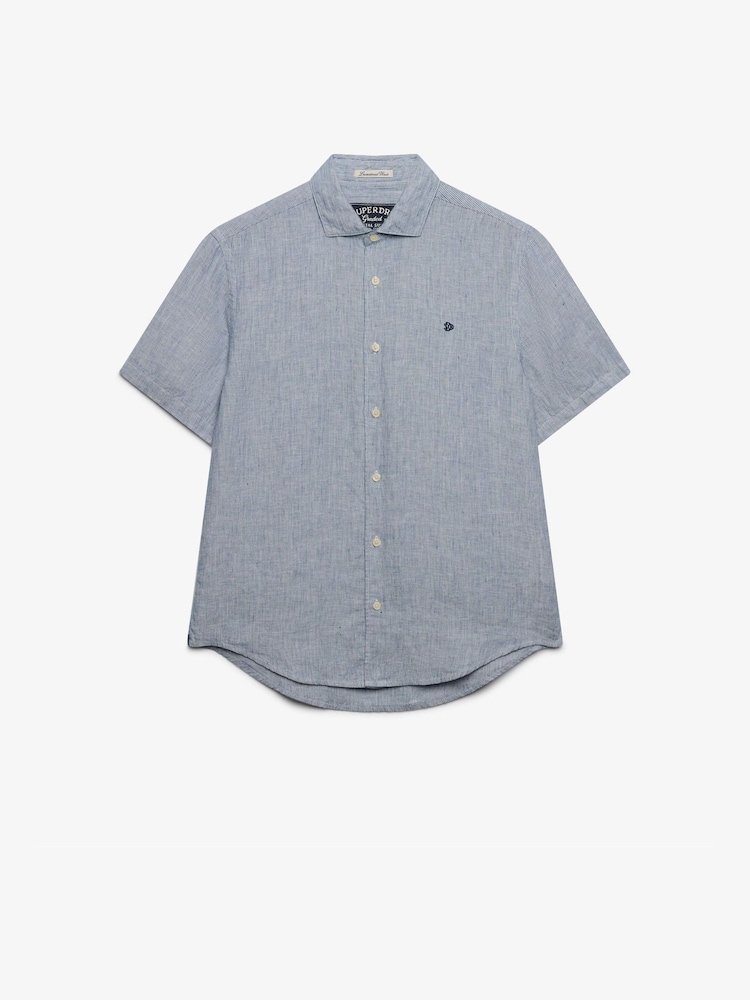 Superdry Blue Riviera Short Sleeve Linen Shirt - Image 1 of 2 Superdry Blue Riviera Short Sleeve Linen Shirt - Image 1 of 2