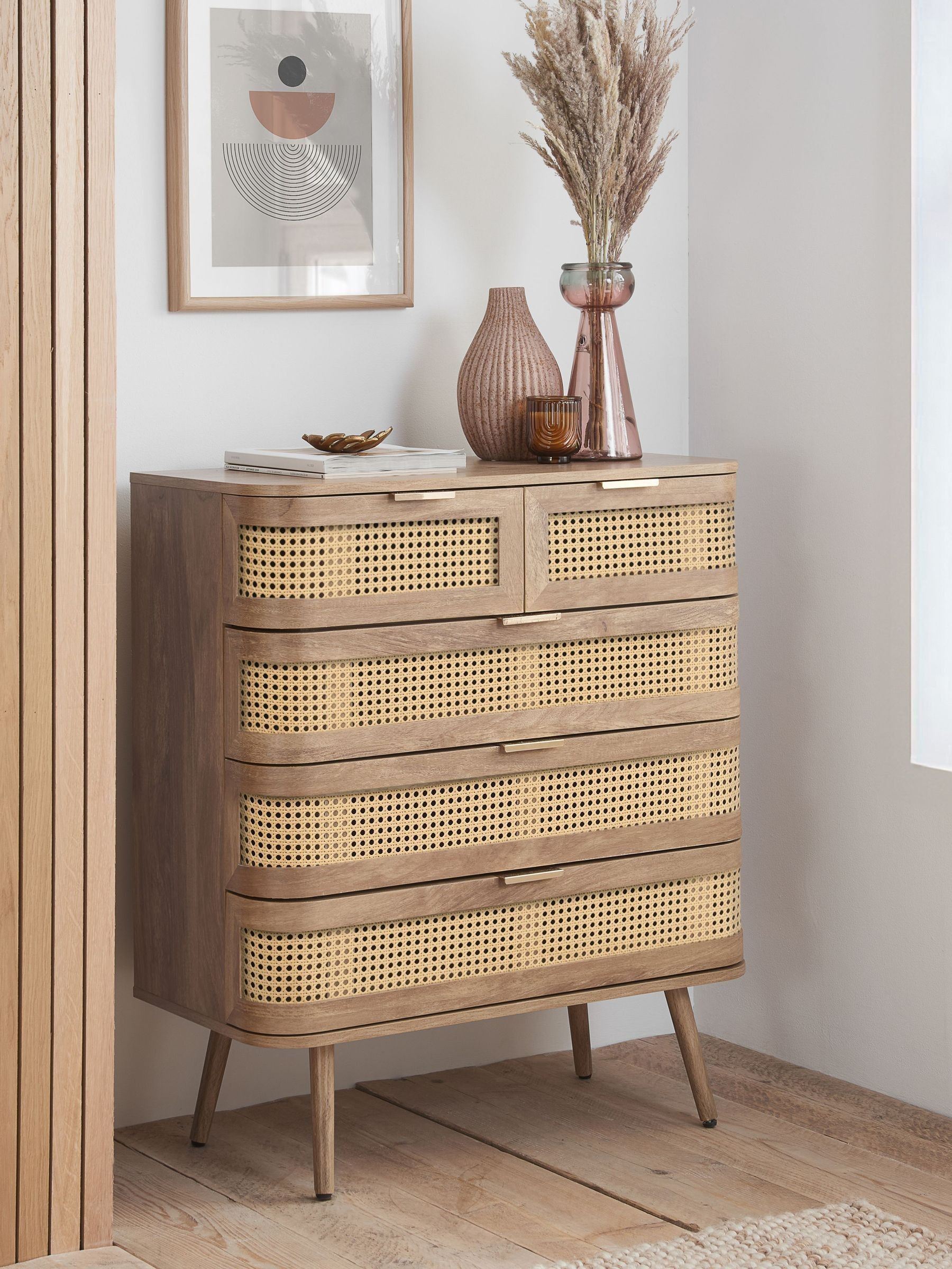 Birlea Rattan Chest of 5 Drawers Sark Brown Oak Mid Century Modern in Beige - Image 8