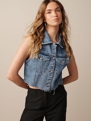 Mid Blue Cropped Sleeveless Denim Jacket Waistcoat - Image 1 of 7