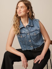 Mid Blue Cropped Sleeveless Denim Jacket Waistcoat - Image 3 of 7