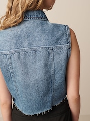 Mid Blue Cropped Sleeveless Denim Jacket Waistcoat - Image 4 of 7