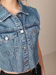 Mid Blue Cropped Sleeveless Denim Jacket Waistcoat - Image 5 of 7