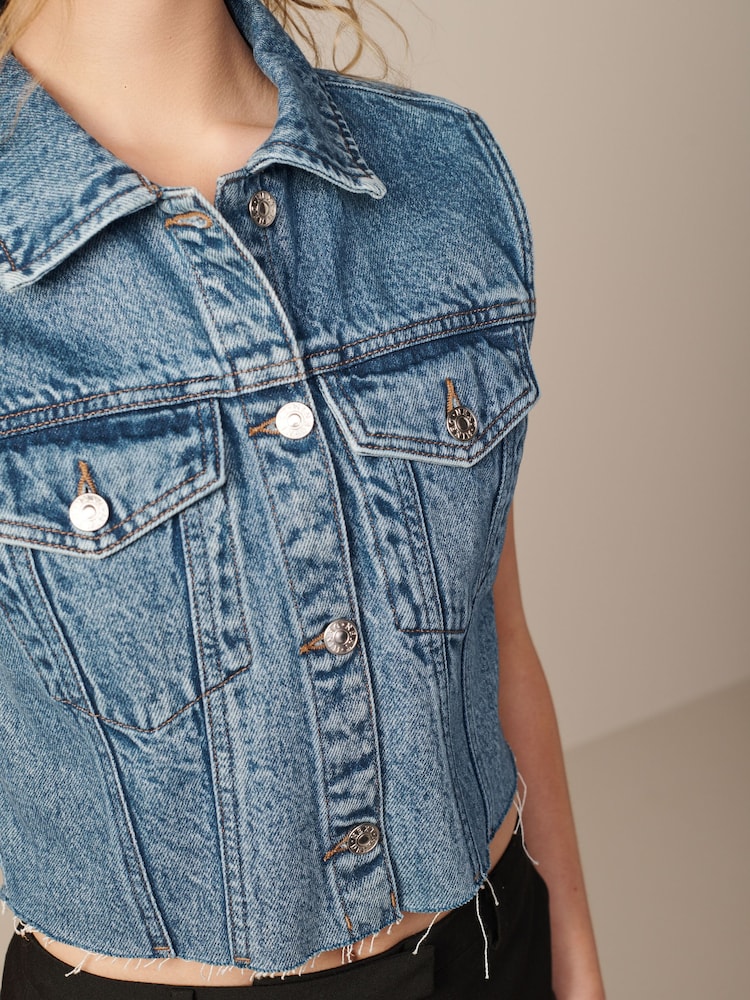 Mid Blue Cropped Sleeveless Denim Jacket Waistcoat - Image 5 of 7