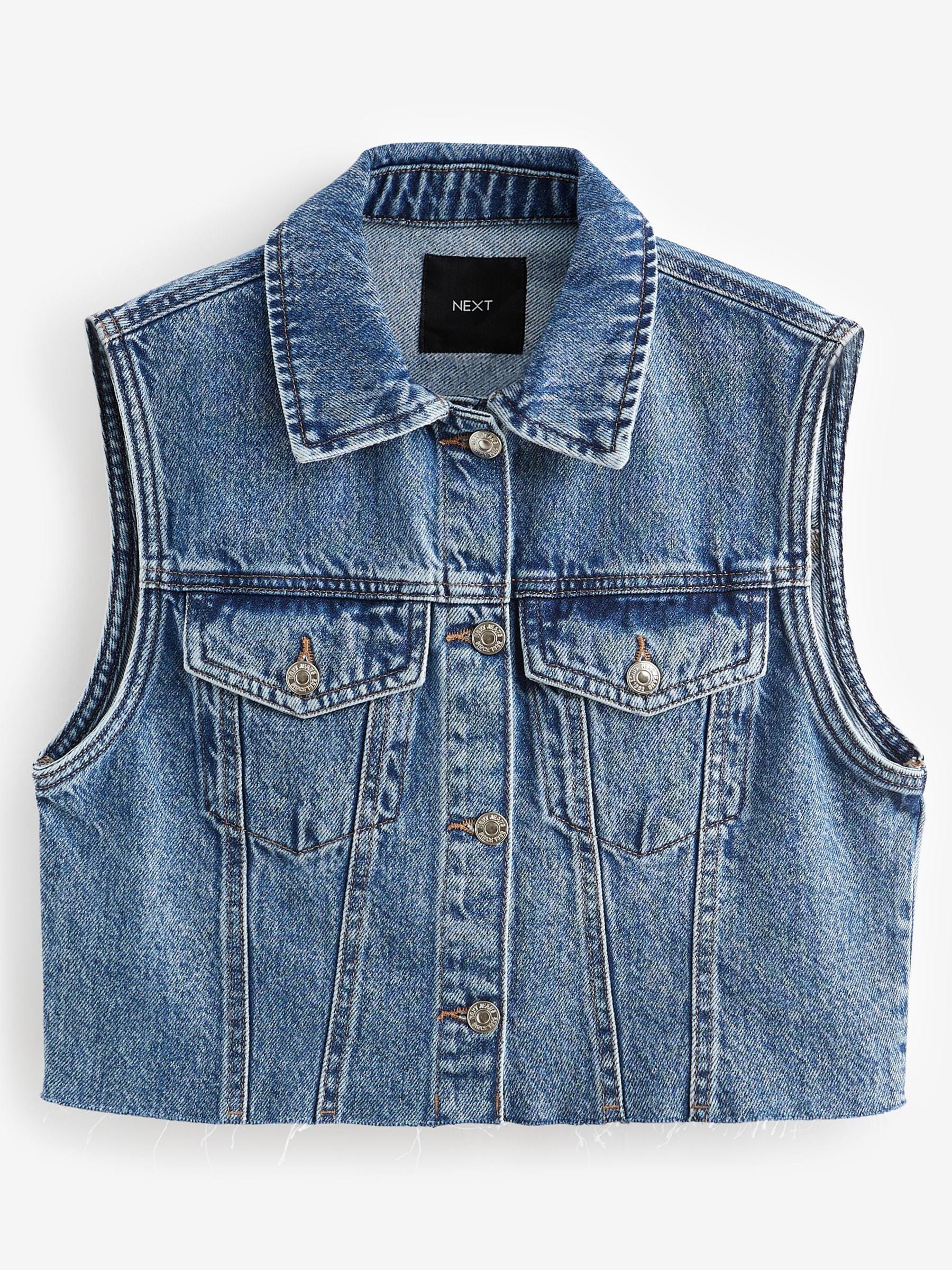 Buy Mid Blue Cropped Sleeveless Denim Jacket Waistcoat from Next Luxembourg