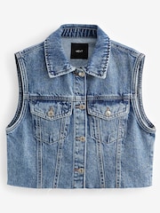 Mid Blue Cropped Sleeveless Denim Jacket Waistcoat - Image 6 of 7