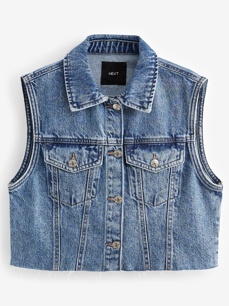 Mid Blue Cropped Sleeveless Denim Jacket Waistcoat - Image 6 of 7