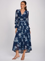 Jolie Moi Blue Long Sleeve Maxi  Mesh Dress - Image 1 of 5