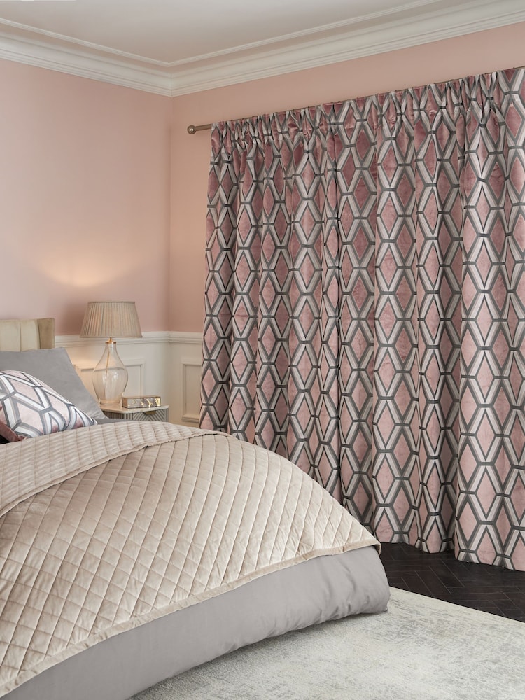 Blush Pink Next Collection Luxe Heavyweight Geometric Cut Velvet Pencil Pleat Lined Curtains - Image 2 of 5