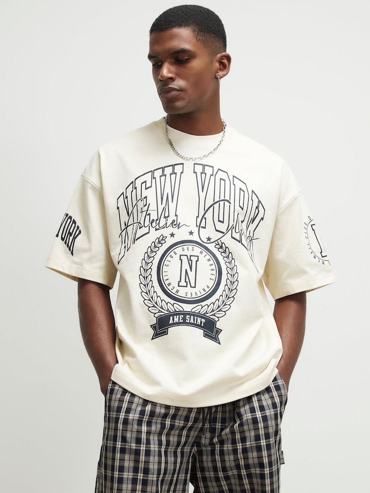River Island Cream Oversized Fit New York Badge T-Shirt - Image 2 of 4