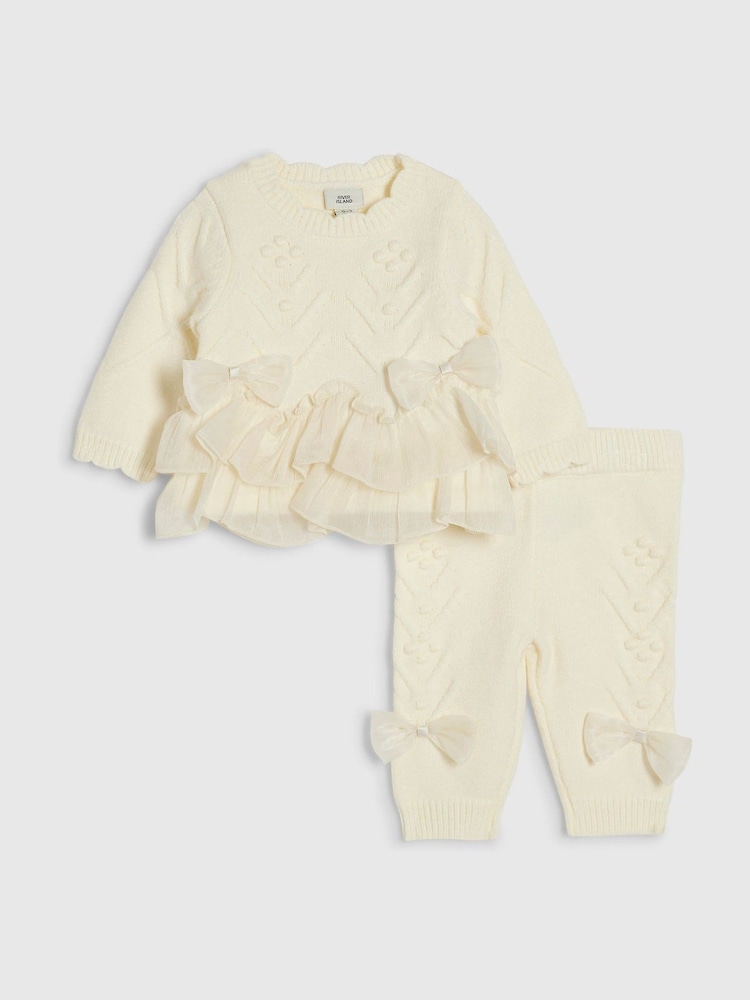 River Island Cream Bow Tulle Knit Leggings Set - Image 1 of 1 River Island Cream Bow Tulle Knit Leggings Set - Image 1 of 1