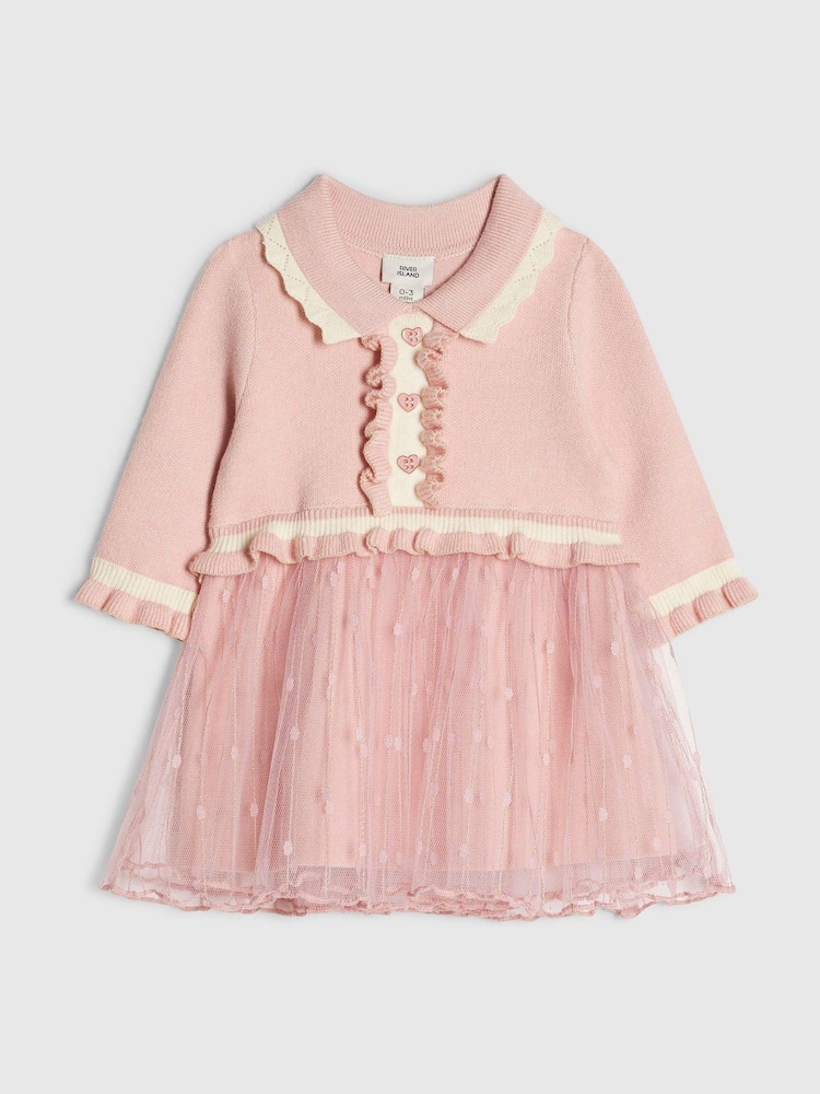 River Island Pink Tulle Hybrid Knit Dress - Image 1 of 4