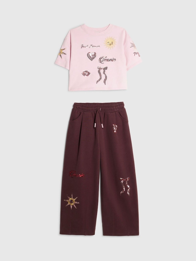 River Island Pink Cropped Embroidered T-Shirt & Joggers Set - Image 1 of 4