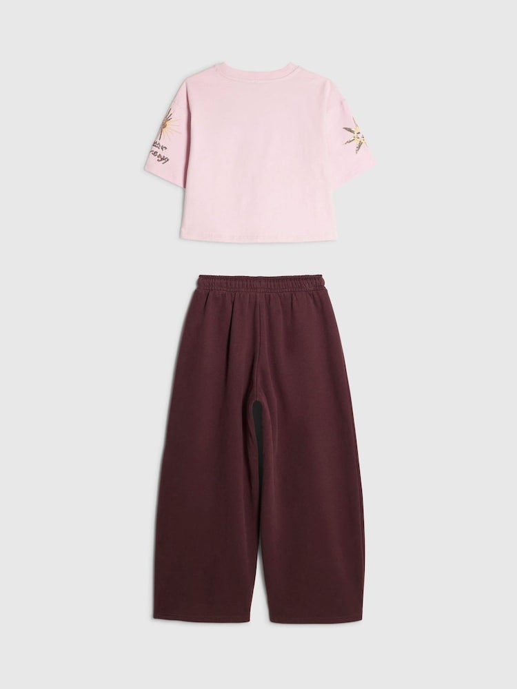 River Island Pink Cropped Embroidered T-Shirt & Joggers Set - Image 2 of 4