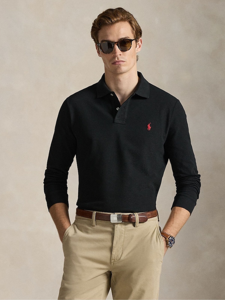 Polo Ralph Lauren Black Custom Fit Pique Long Sleeve Polo Shirt - Image 1 of 3