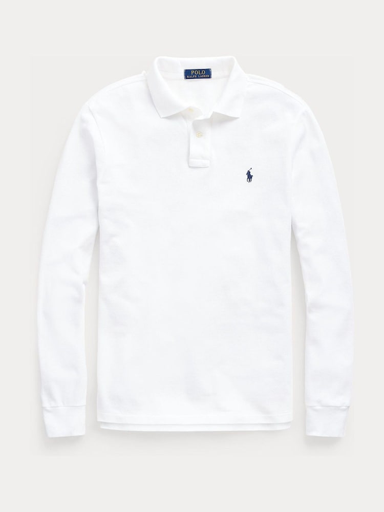 Polo Ralph Lauren White Custom Fit Pique Long Sleeve Polo Shirt - Image 6 of 6