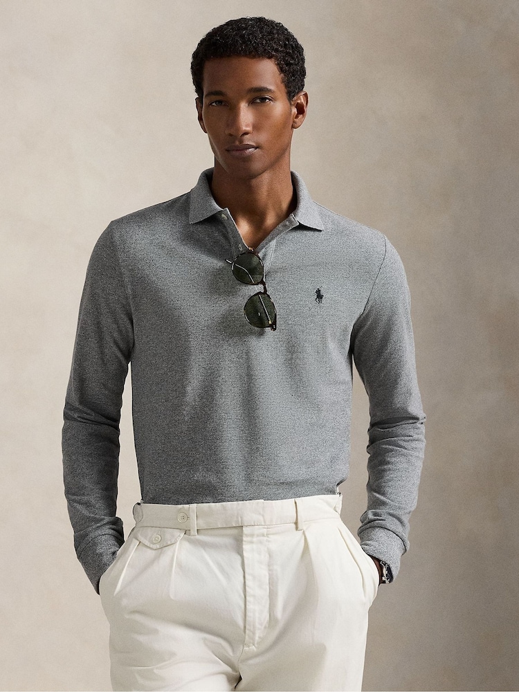 Polo Ralph Lauren Grey Custom Fit Pique Long Sleeve Polo Shirt - Image 1 of 9
