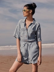 Blue Short Sleeved TENCEL™/Linen Blend Playsuit - Image 1 of 5