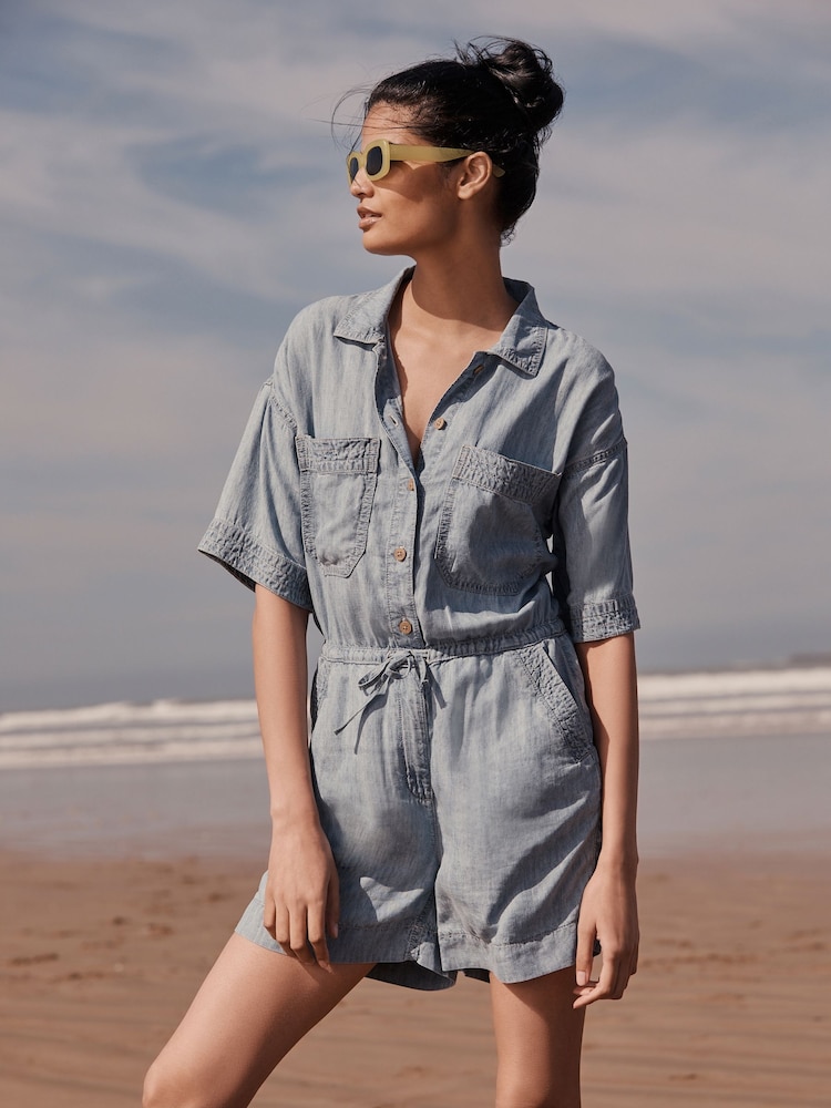 Blue Short Sleeved TENCEL™/Linen Blend Playsuit - Image 1 of 5