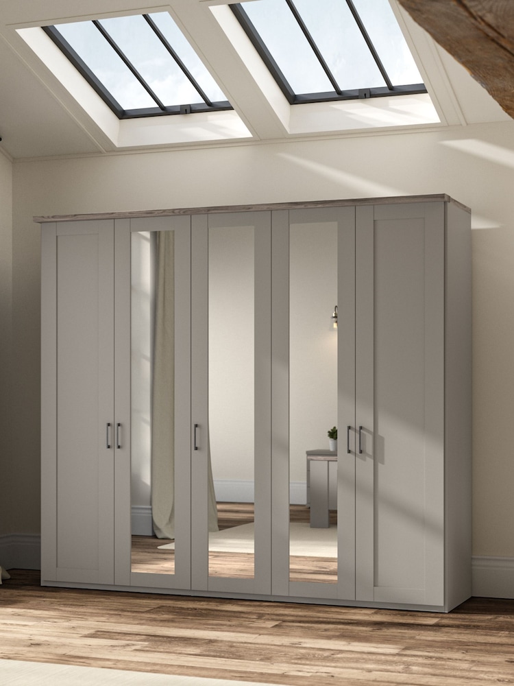 Wiemann Pebble Grey Truro 5 Door Wood and Mirror Semi Fitted Wardrobe - Image 1 of 6